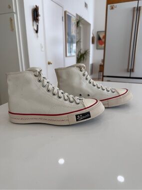 Visvim High-Top Canvas Sneakers in Off-White with Red Trim